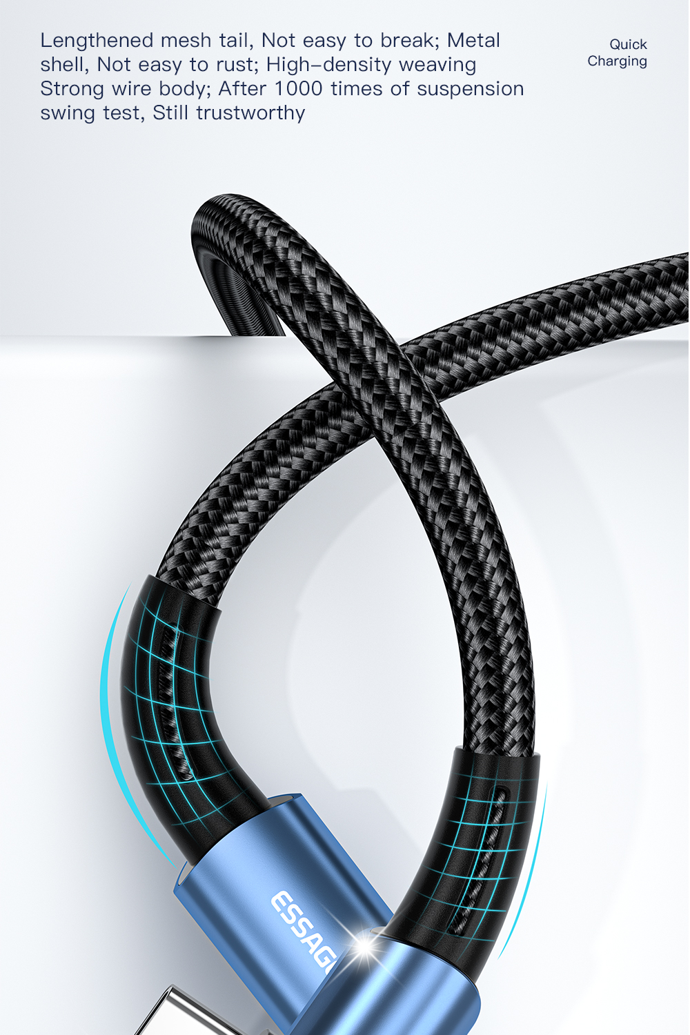 Sunset Bend L Type PD USB C To C Charging Cable Black Blue Color 5A 100W 60W