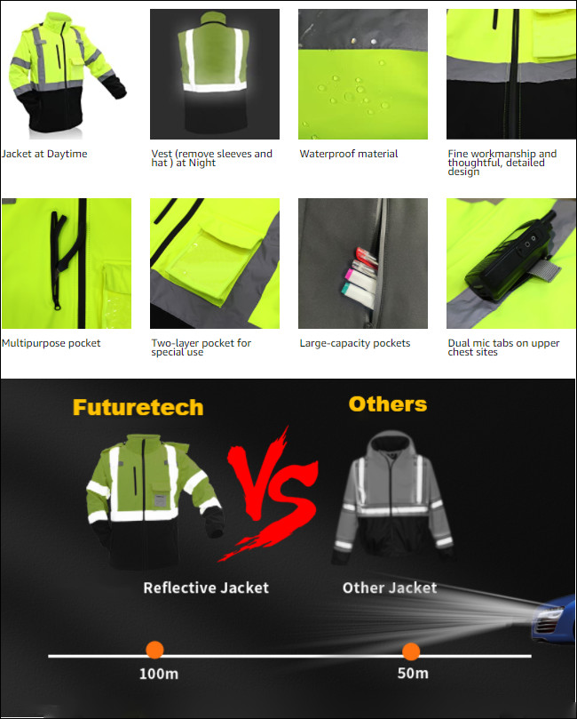 55inch Safety Reflective Jacket Removable Hood Sleeves Hi Vis Waterproof Lightweight Jacket
