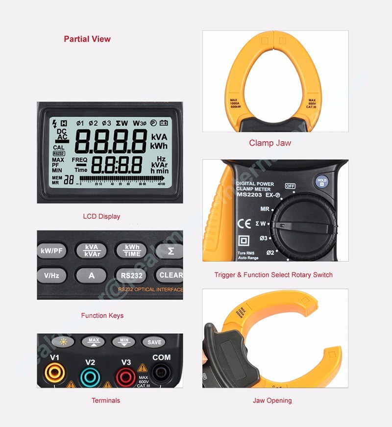 True RMS Auto Range Digital Power Clamp Meter 9999 Counts Low Battery Indication