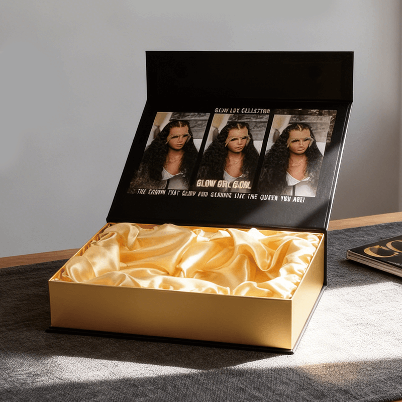 Luxury Flip Top Magnetic Box Closure Wig Box With Satin Inside Custom Logo Packaging Hair Gift Black Foldable Paper Boxes