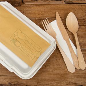 China Biodegradable Disposable 200mm Wooden Knife Fork Spoon Birch Wood With Napkin Wrapped wholesale