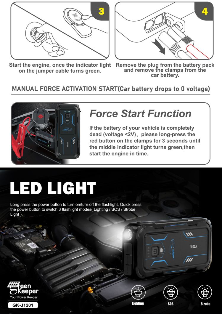Multifunctional Portable Car Jump Starter with UltraSafe Super Capacitor and LED Light