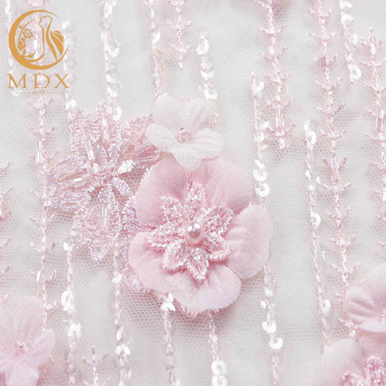 Excellent 3D Flower Lace Customized Embroidery 1 Yard Length Pink Floral Lace Fabric