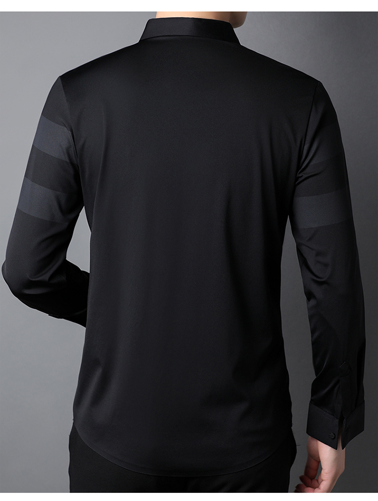 Striped Polyester/Cotton Casual Black Shirt for Men Slim Fit Long Sleeve Shirts