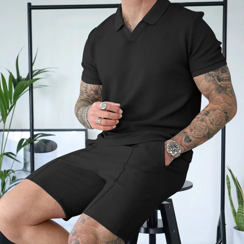 Customized 2024 Summer Tracksuit Set for Men Solid Color Polo T shirt and Waffle Shorts