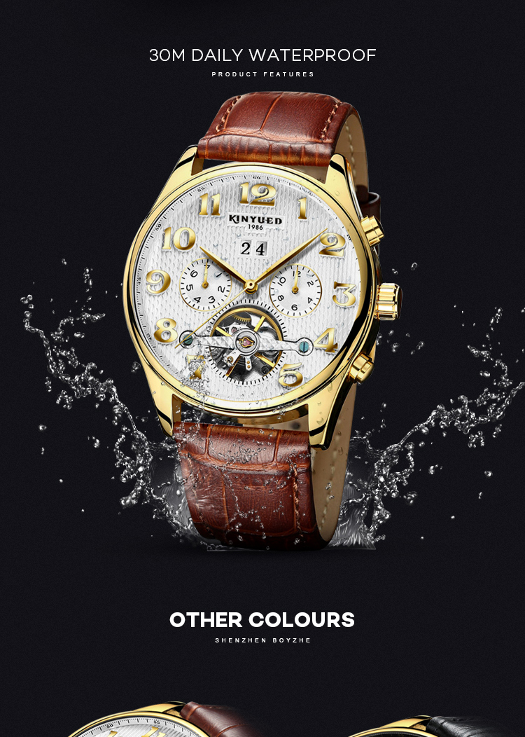 luxury brand custom Logo Waterproof Skeleton Leather stainless steel Automatic Mens Tourbillon Watches