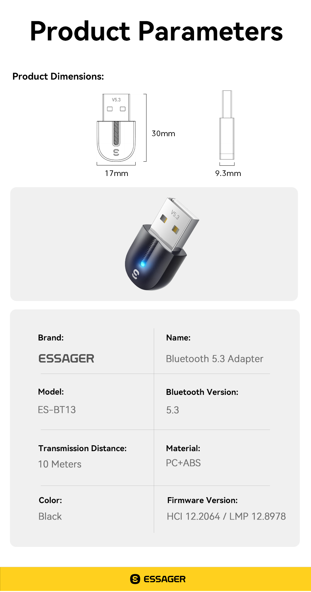 ESSAGER ES-BT13 Series USB A To Bluetooth Adapter V5.3 With 10m-20m Transmission Range