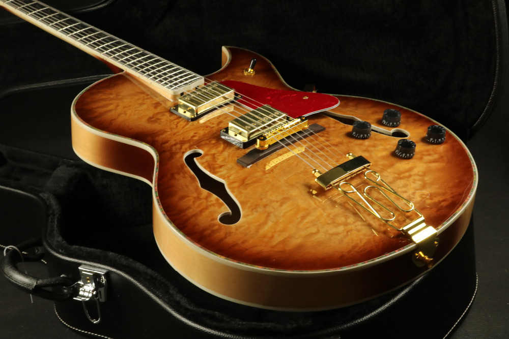 High Quality tabacco thick hollow body abalone inlay single cutaway electric guitar Guitar
