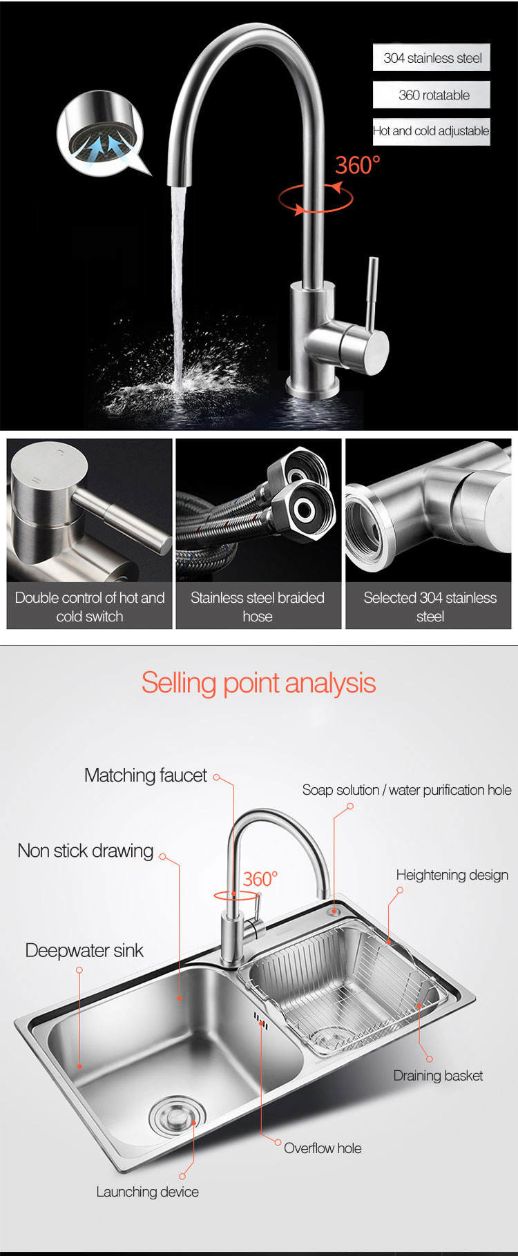 Chrome Brushed Stainless Steel Faucet Kitchen Tap 12.5L/Min