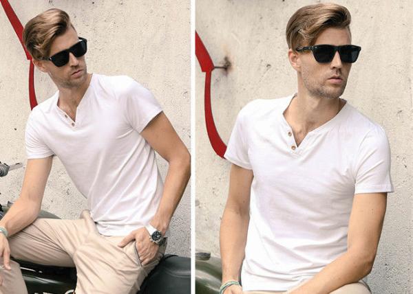White V Neck Mens T - Shirts Crease Resistant Not Deformed Five-Quarter Sleeve