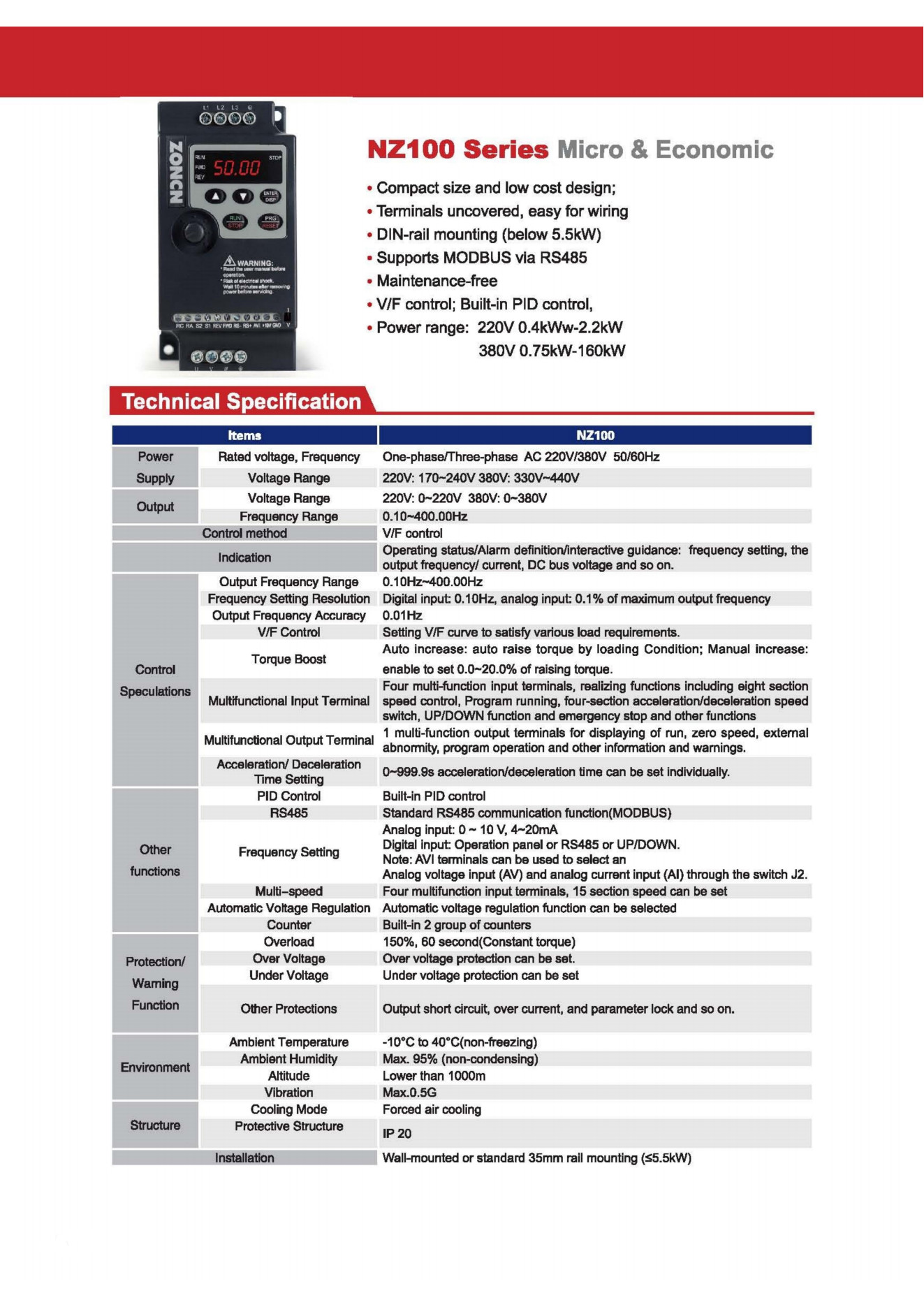 ZONCN NZ100 220V SINGLE PHASE VARIADORES 1HP 3HP MINI VFD WITH 0.75KW 1.5KW OUTPUT POWER