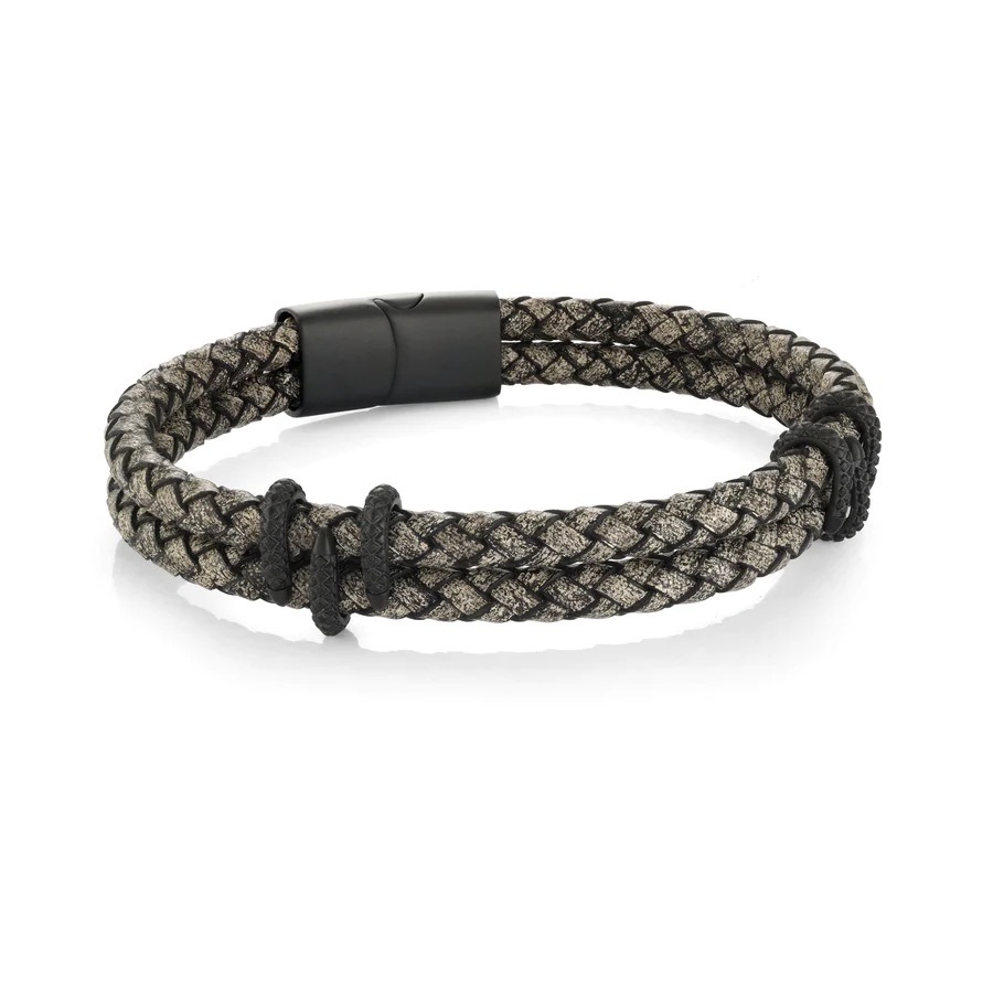 Men's Double Woven Leather Bracelet Gold Plated Stainless Steel Classic Charm Bracelets