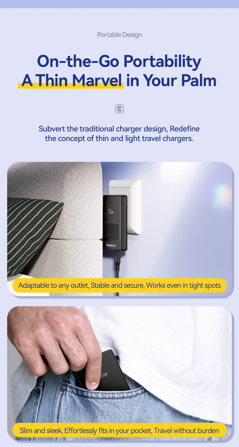 ESSAGER JT-CG65AC1U1 Series Ultra Thin 65W Max Portable USB A Type C Charger