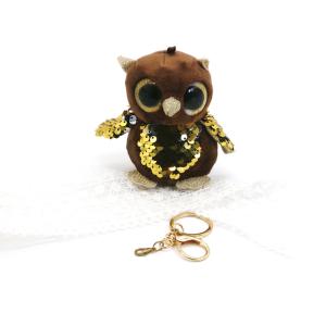 China 3D Plush Doll Key Chain Brown Embroidered Owl 10cm Inlaid Round Gold Eyes Beads wholesale