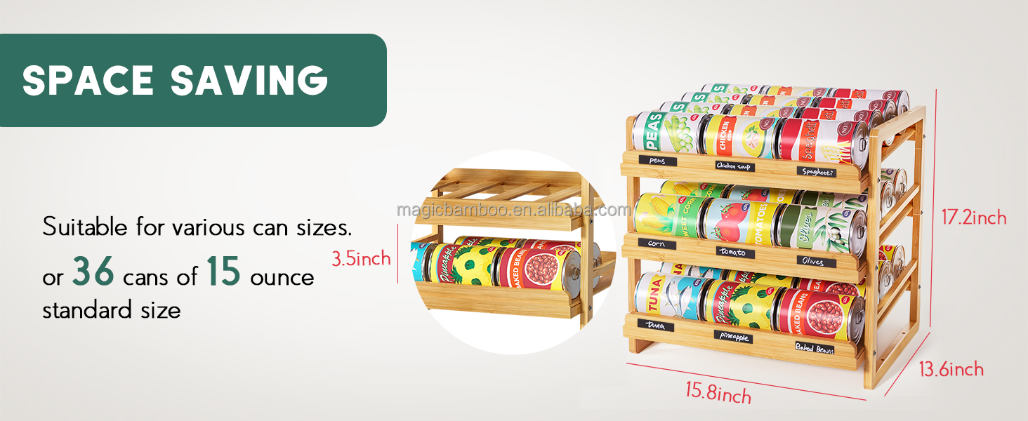 Food 3 Tier Stackable Bamboo Can Holder Storage Organizer with Sustainable Label Sticker