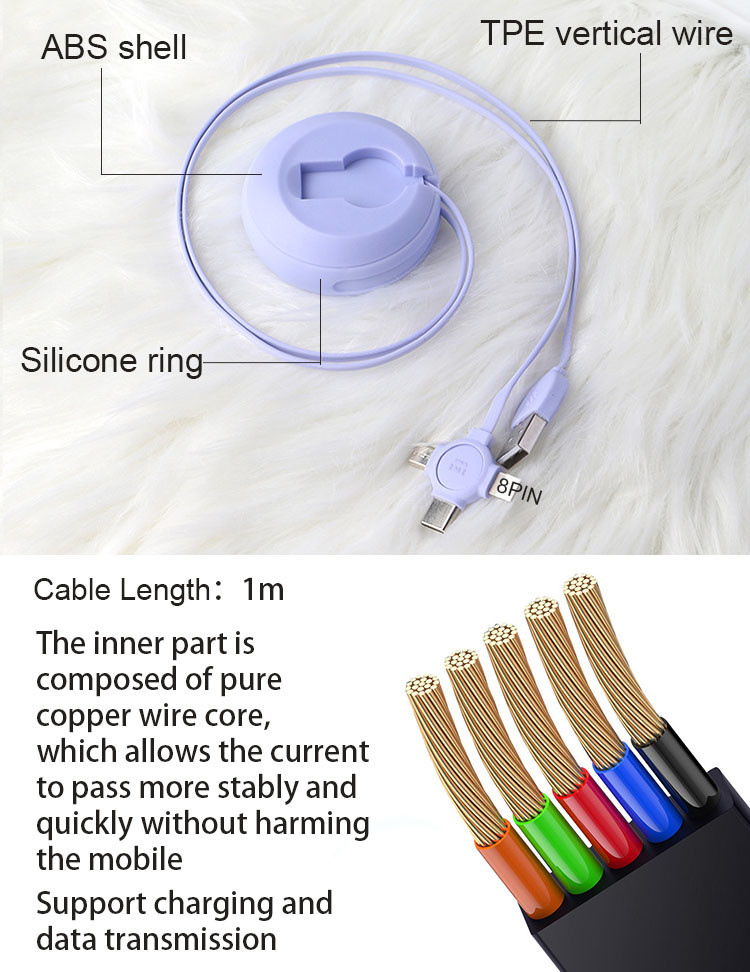 2.1A Mobile Phone Cables Retractable Flat 3 In 1 USB Charging Cable Type C Micro Charger