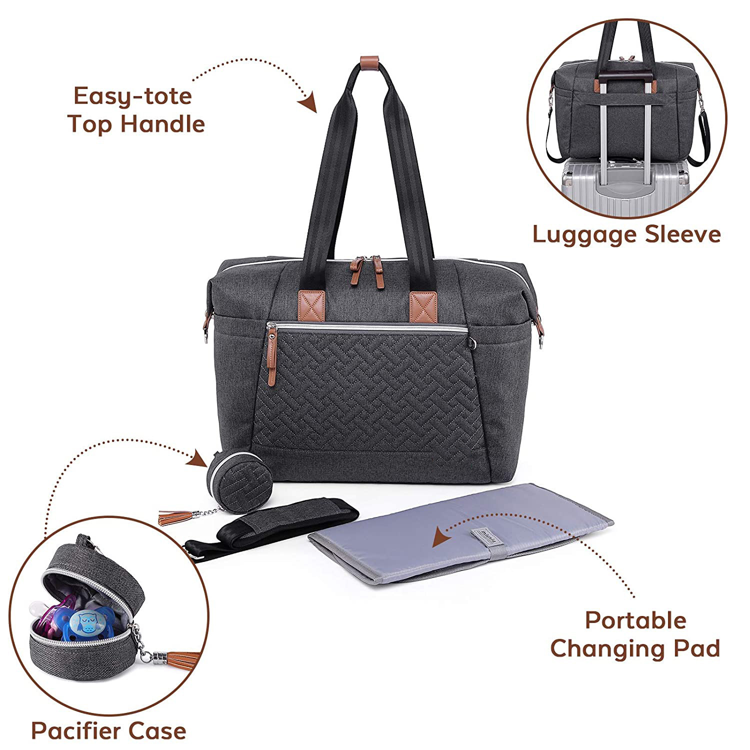 Extra Large Diaper Tote Bag Black With Pacifier Case Changing Pad 17x8x12"