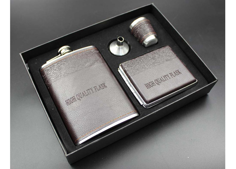 Leather 9 Oz Mens Hip Flask Set With White Wine Bottle / Cup / Funnel