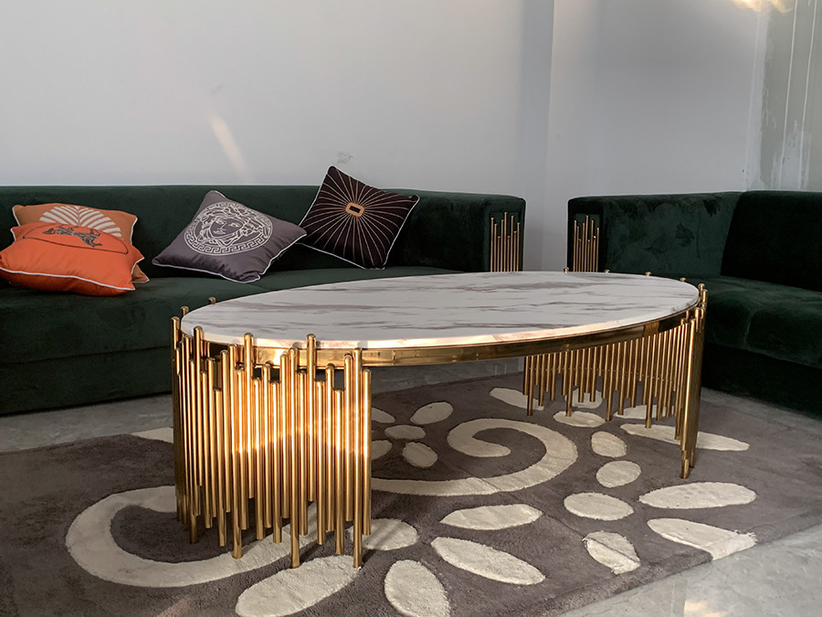 0.45m High Stainless Steel Black Oval Marble Coffee Table