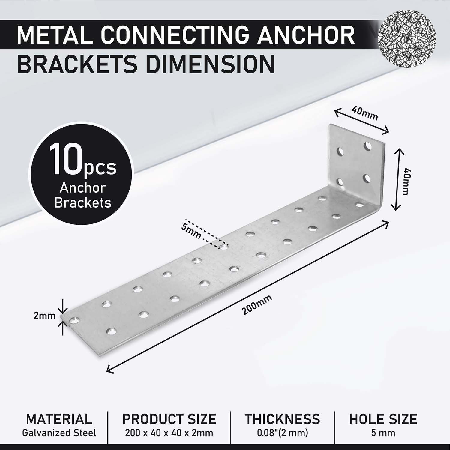 Galvanised L Steel Angle Timber Anchor Brackets 40 X 200 X 40 Wood Joining Fixing