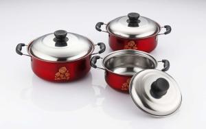 China Non Stick Stainless Steel Cookware Sets 6pcs Red Pot &amp; Rose Flowers 16cm - 18cm - 20cm wholesale