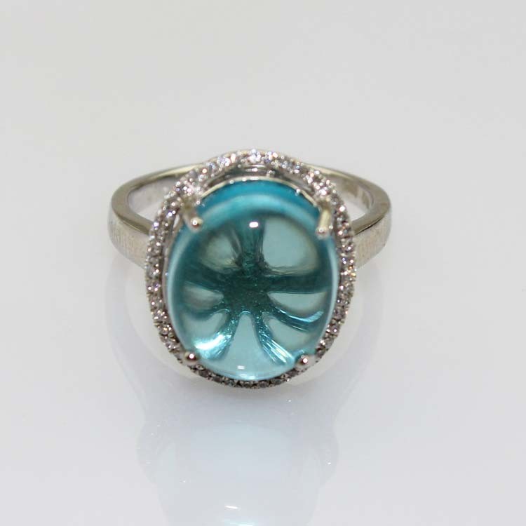 Sterling Silver Oval Dome 12mmx14mm Blue Topaz and Cubic Zircon Ring(R226)