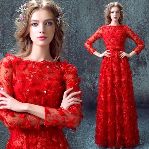 China Red Long Sleeves A Line Elegant Evening Dresses TSJY036 wholesale