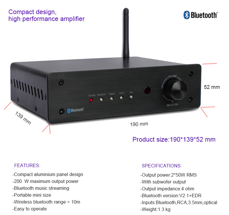 China Audio Supplier 2-ch Home Stereo Receiver 2x50 Watts HiFi Bluetooth Integrated Amplifier