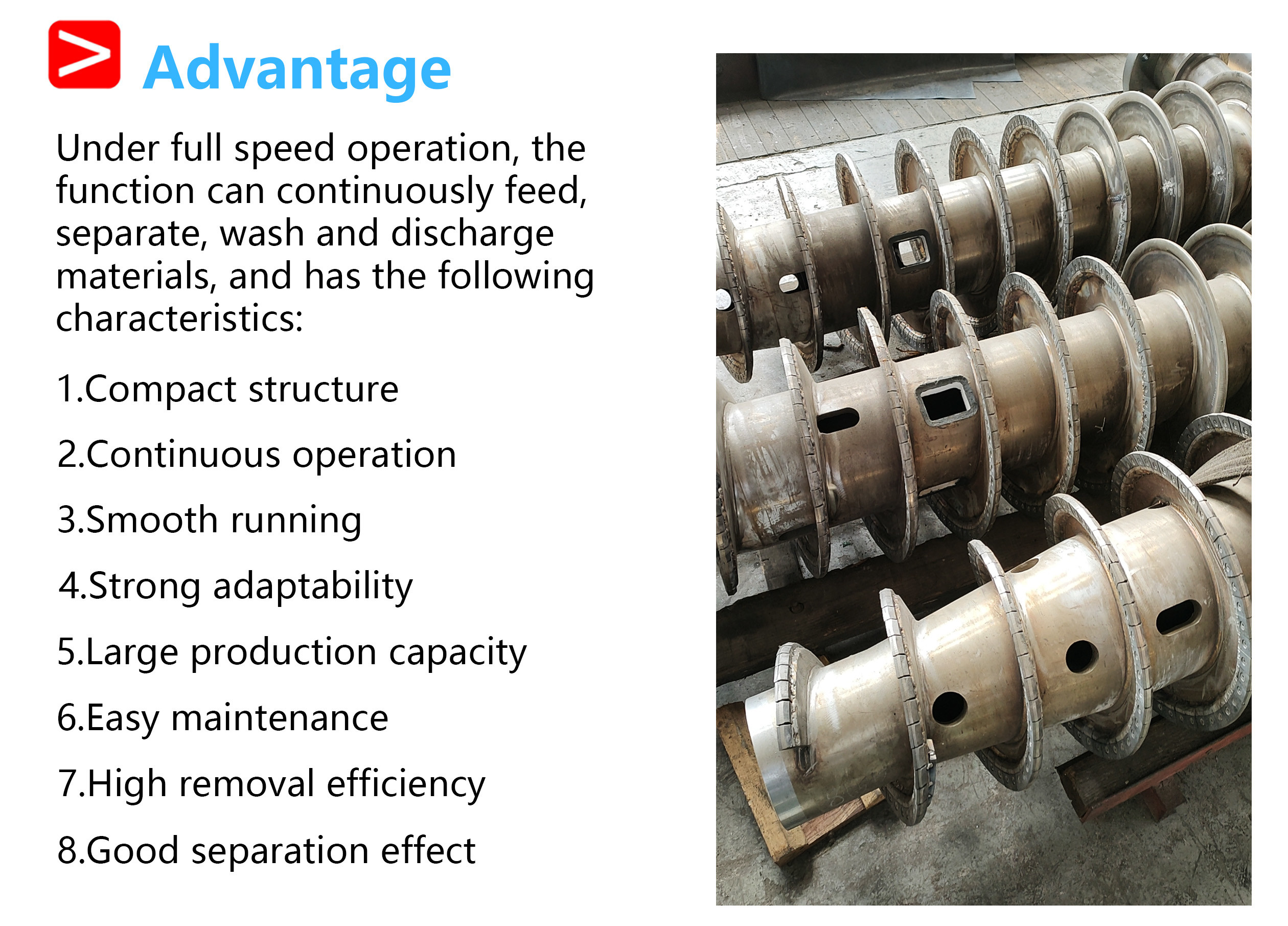 Decanter centrifuge with horizontal bowl for continuous solid-liquid separation in large-scale industrial applications