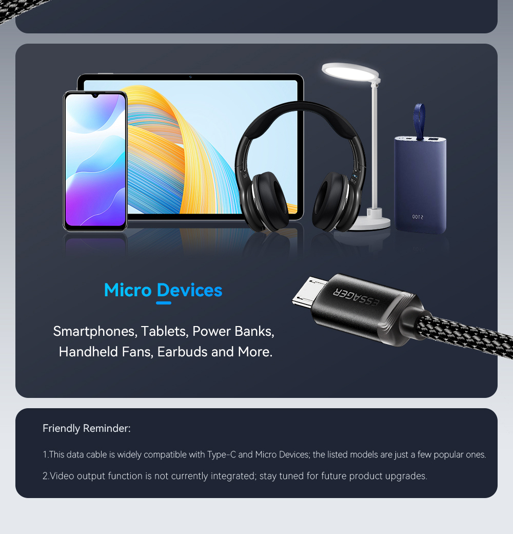 USB A To USB C 2 In 1 Micro Charging Cable 40W 1.2m ES-X60 Series