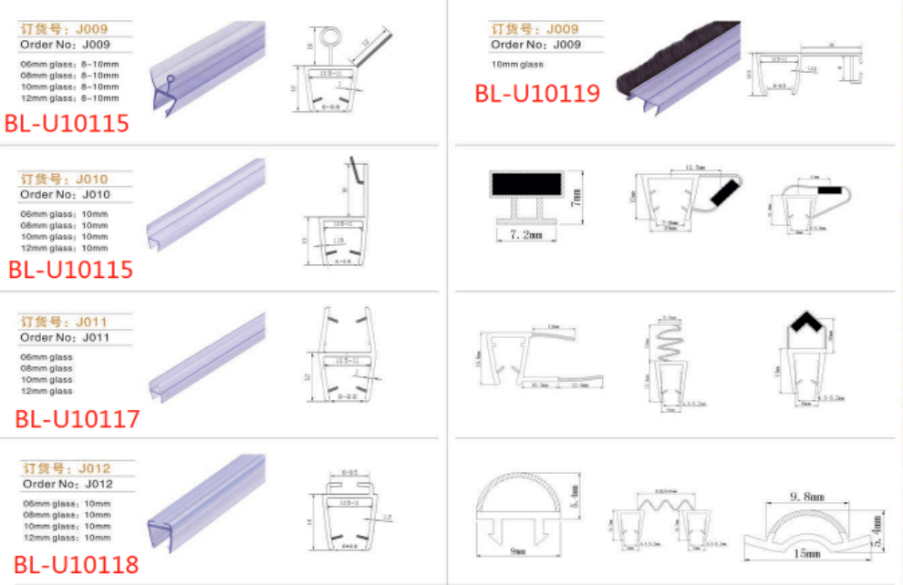 Frameless 6-12MM Tempered Glass Shower Door Sealing Strip with Waterproofing PVC Seals