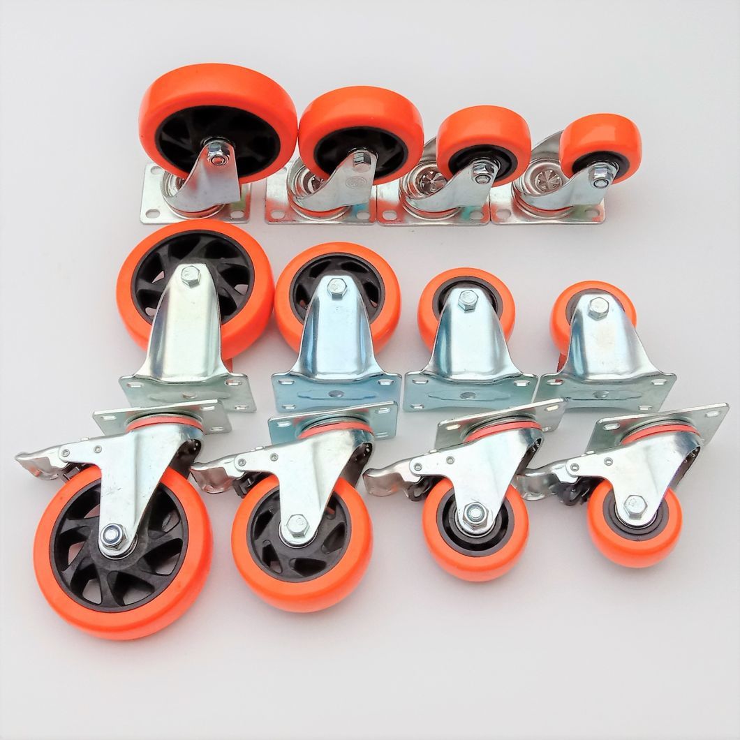 75mm 3inch Orange Industrial Trolley Furniture Screw Swivel PU/PVC Caster Wheel with Brake