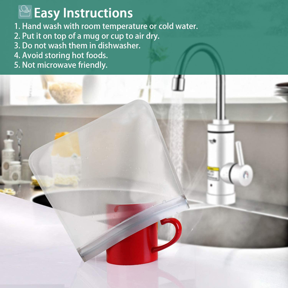 Reusable Leakproof Silicone Food Storage Bag with Zipper Top and Self Sealing Design