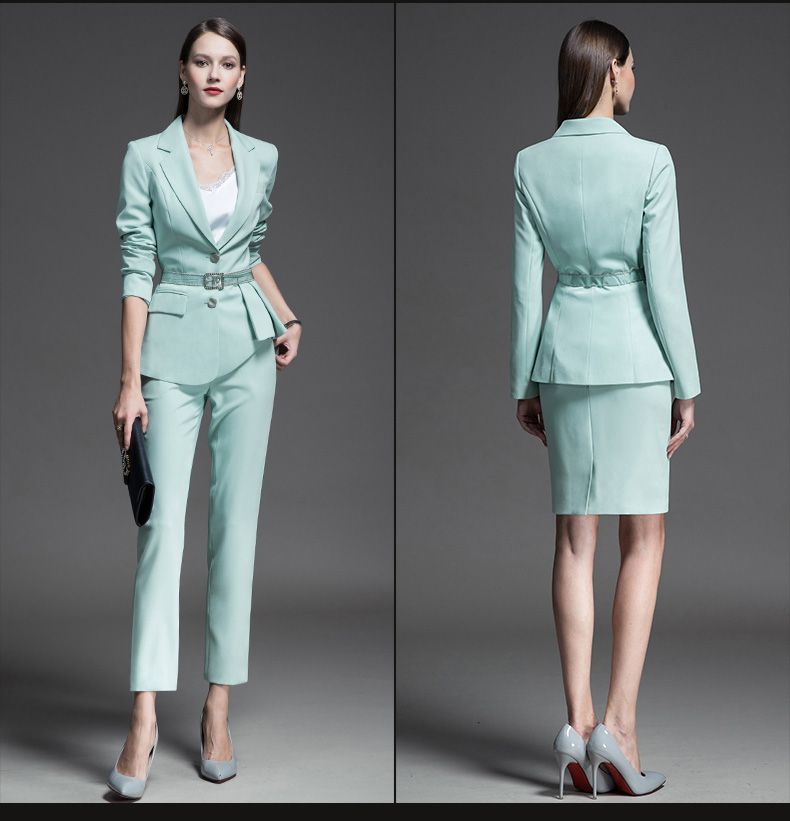 2021 Fashion Women's Slim Formal Office Skirt Suit with V-neck Collar and Full Sleeves