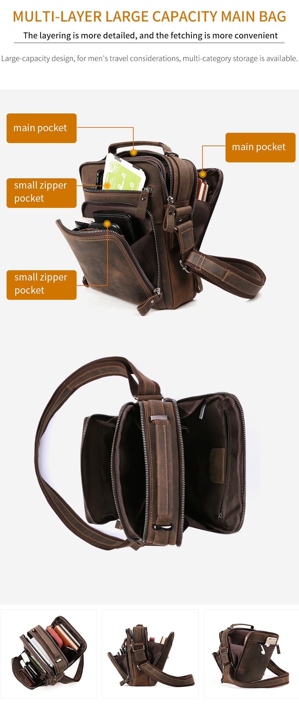 9.7 Inch Genuine Leather Men's Shoulder Messenger Bag with Multiple Pockets and No Decoration