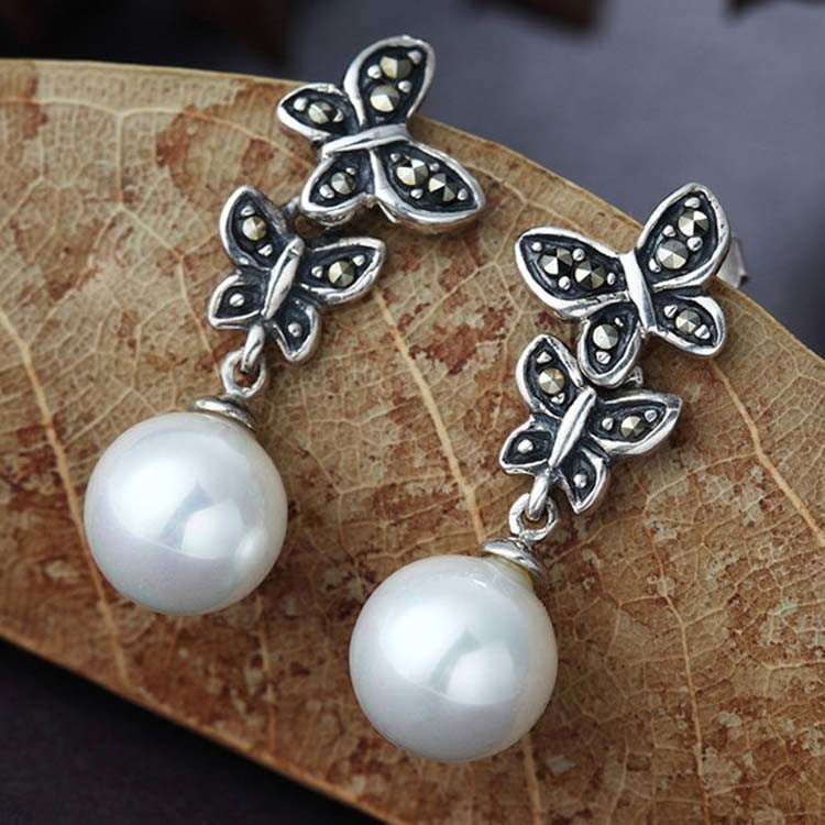 925 Silver White Simulated Shell Pearl Dangle Earrings Vintage Old Jewellry (E12144)