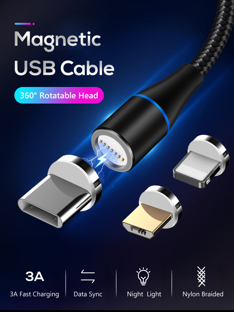 USB C 1000mm 5V 3A Magnetic 3 In 1 Charging Cable