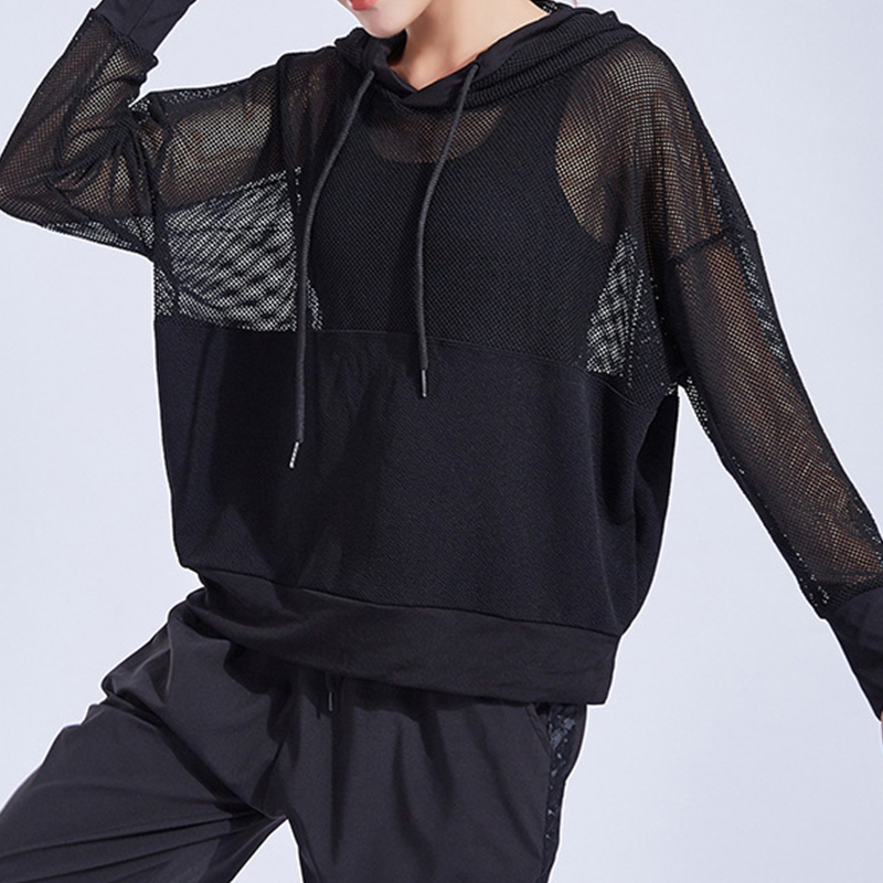 Polyester Spandex Women Fashion Sportswear Transparent Mesh Workout Shirt With Pocket