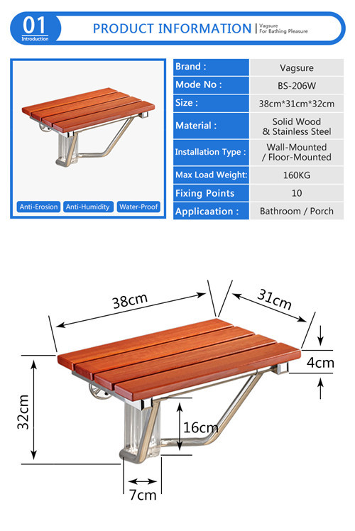 Brown Non Barrier Wall Mounted Shower Seat With Solid Wood / Stainless Steel Material