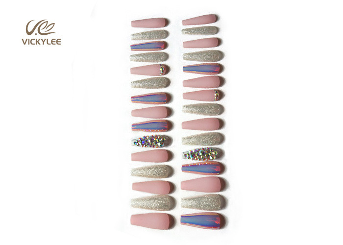 Glossy Pink Purple Hologram long coffin acrylic nails With Glitter