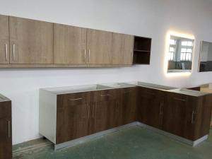 China Wood grain MFC kitchen cabinet,Modern kitchen furniture,Kitchen design,L-shape cupboard wholesale