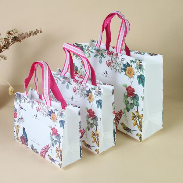Premium Printed Paper Shopping Bags Floral Bird Design With Pink Striped Handles