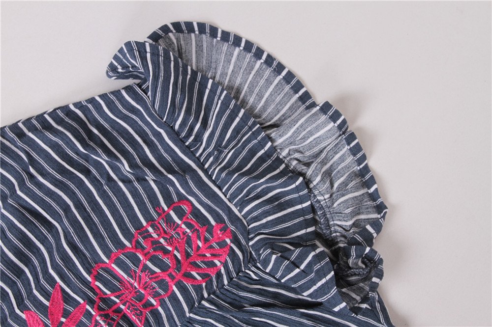 100% Rayon Ladies Striped Printing Blouse Big Embroidery Striped Womens Top