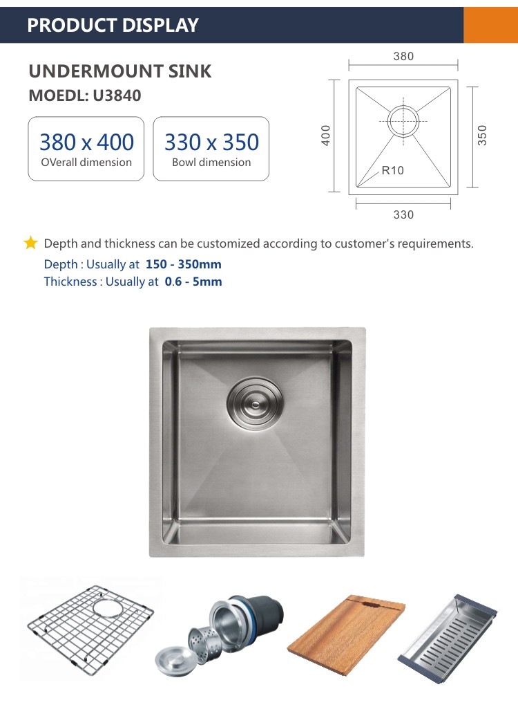 Undermount Stainless Steel Kitchen Sink Rectangular 16 Gauge single Bowl 38x40
