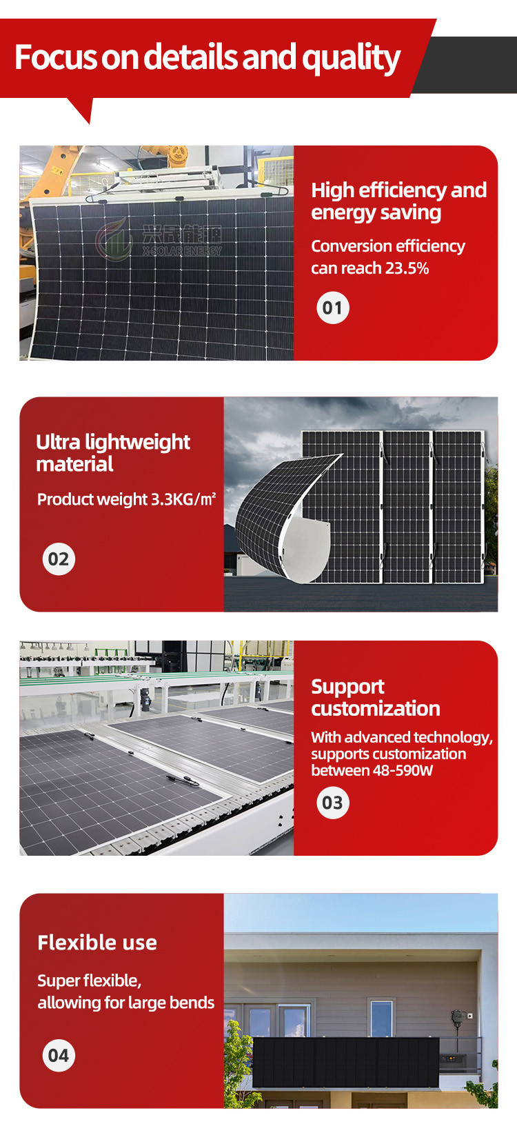 Thin Film Flexible Solar Module 23.8% Efficiency Lightweight Photovoltaic Panel BIPV Module