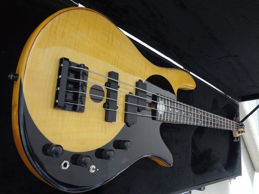 4 string bass guitar Fodera custom bass guitar Alder with flamed maple top Taiji design body MOP inlay logo