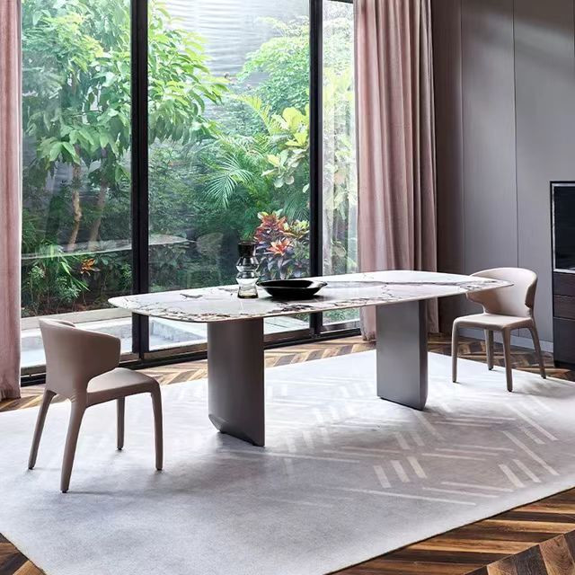 Elegant Fusion Stainless Steel Marble Dining Table Round Marble Dining Table Set For 8 Seater