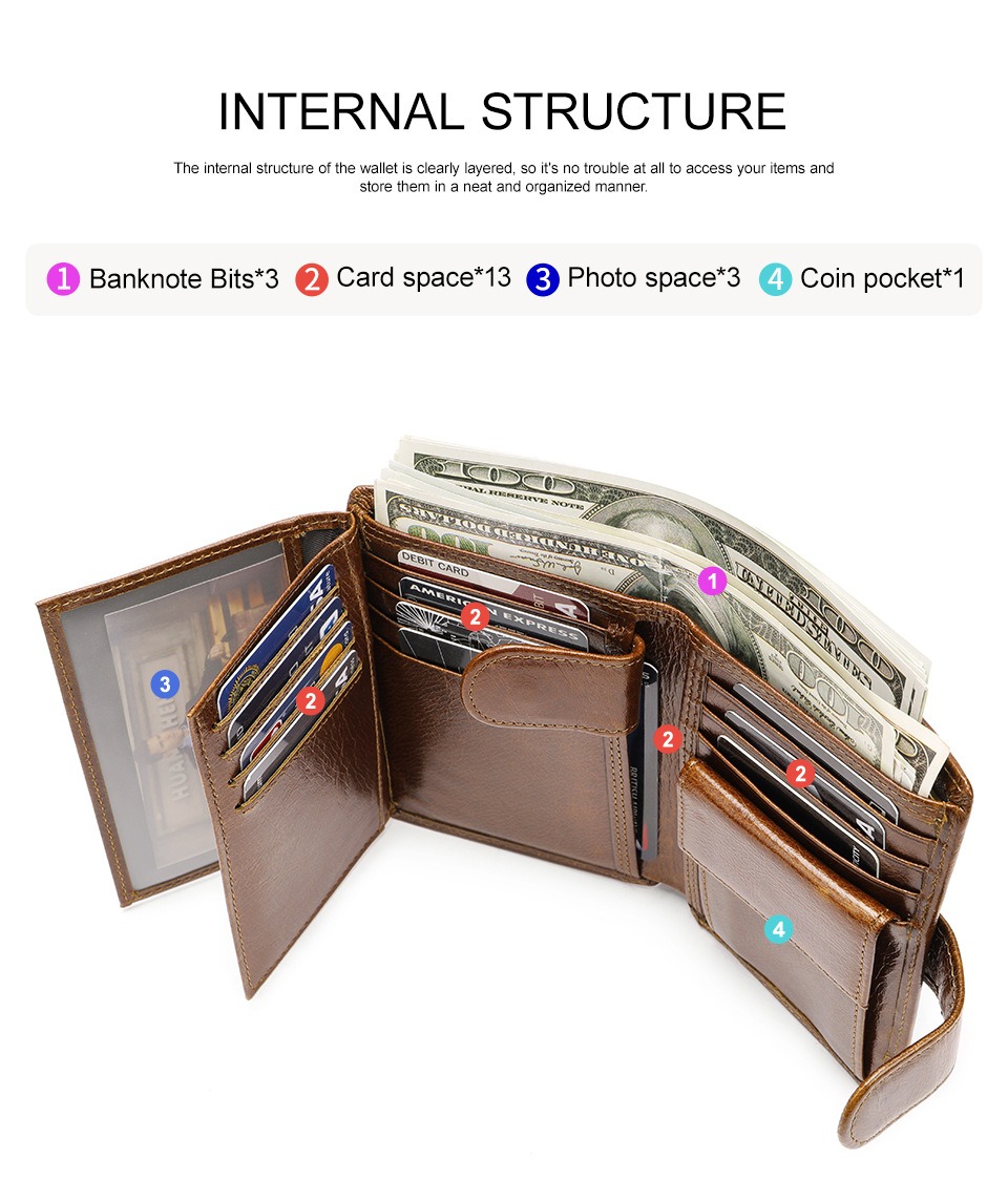 Men's Daily Life Genuine Leather Bifold Wallet with 13 Credit Card Holders and 3 ID Windows Package Weight 0.12kg