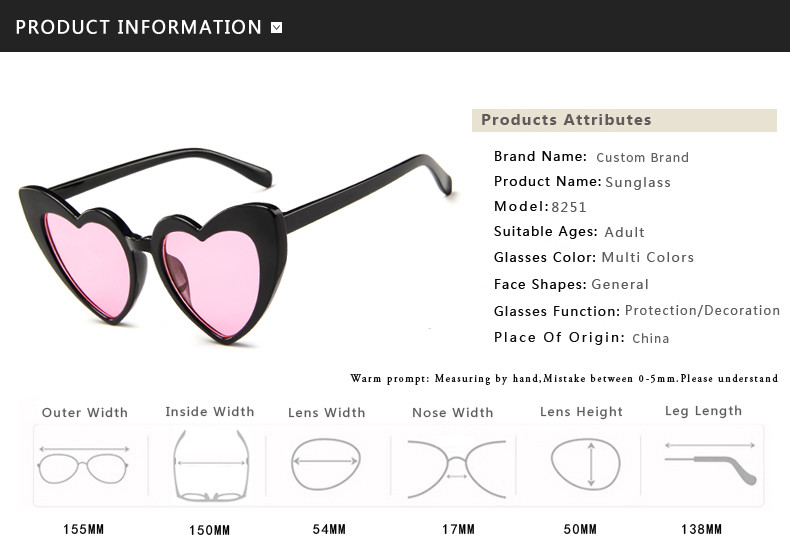 Plastic Designer Female Lady Fashion Heart Sunglasses Multi Colors 155MM