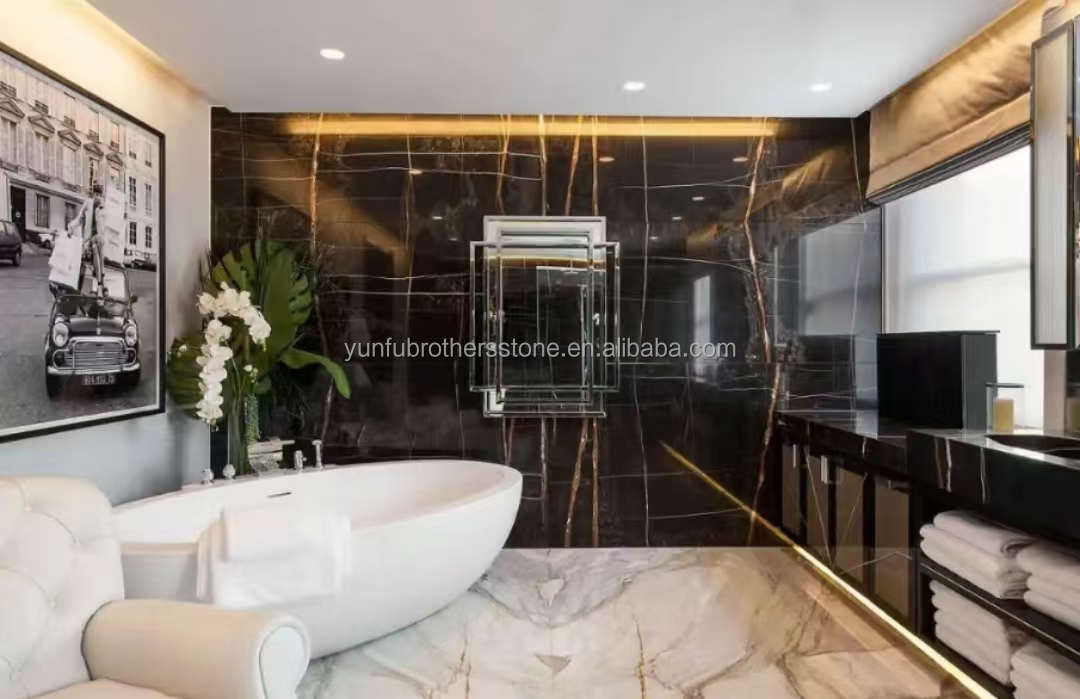 Hotel Table Modern Big Slab Black and Gold Vein Marble Flooring with Exotic Lauren 18mm